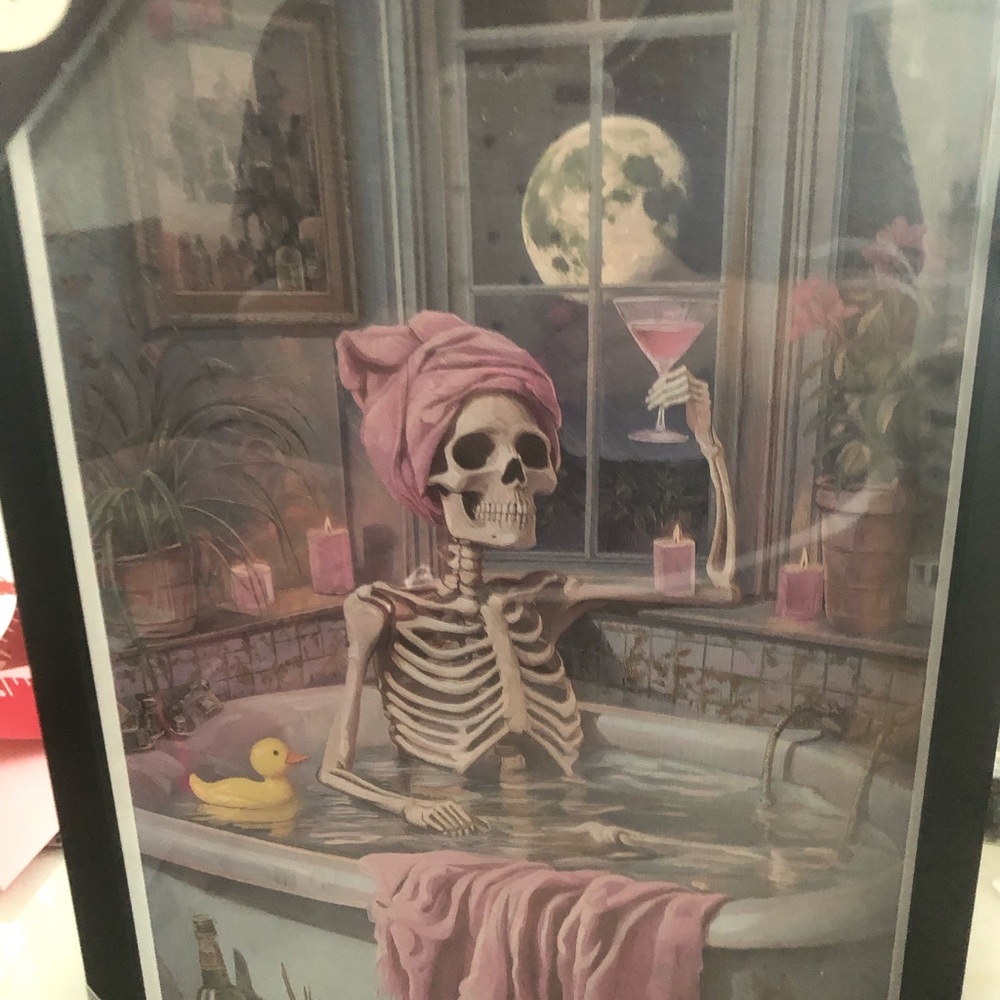 👻 Relaxing Skeleton Bath Wall Art Print in Pink - Framed
